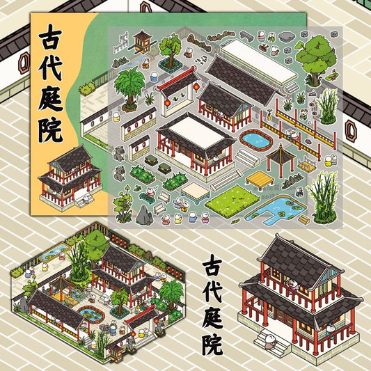 Ancient Chinese Architecture 3D Sticker Scenes, Build Chinese Garden Ancient Market