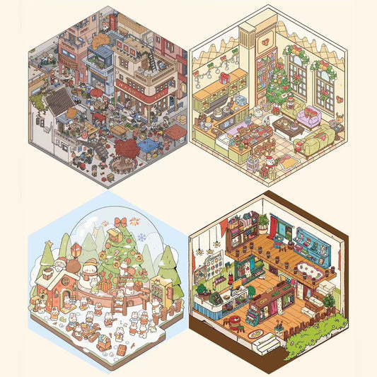 Miniature Sticker Scene, Make Your Own Christmas House Party Tailor Shop Chinese Market