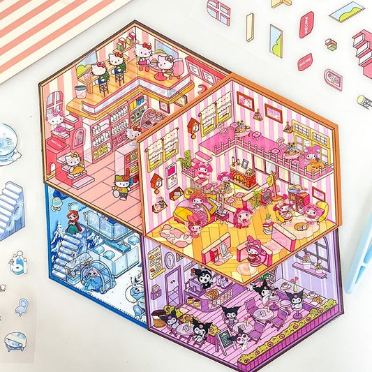 Kawaii Stickers Scene,DIY 3D Coffee Shop Pink Room Frozen