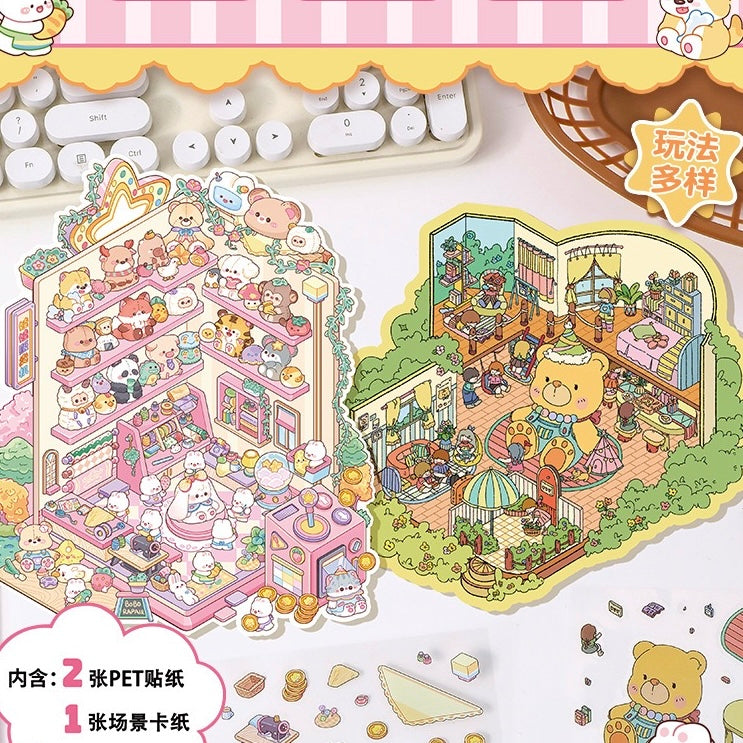 DIY 3D Farm Pasture Bear House Doll Machine Sticker Scene