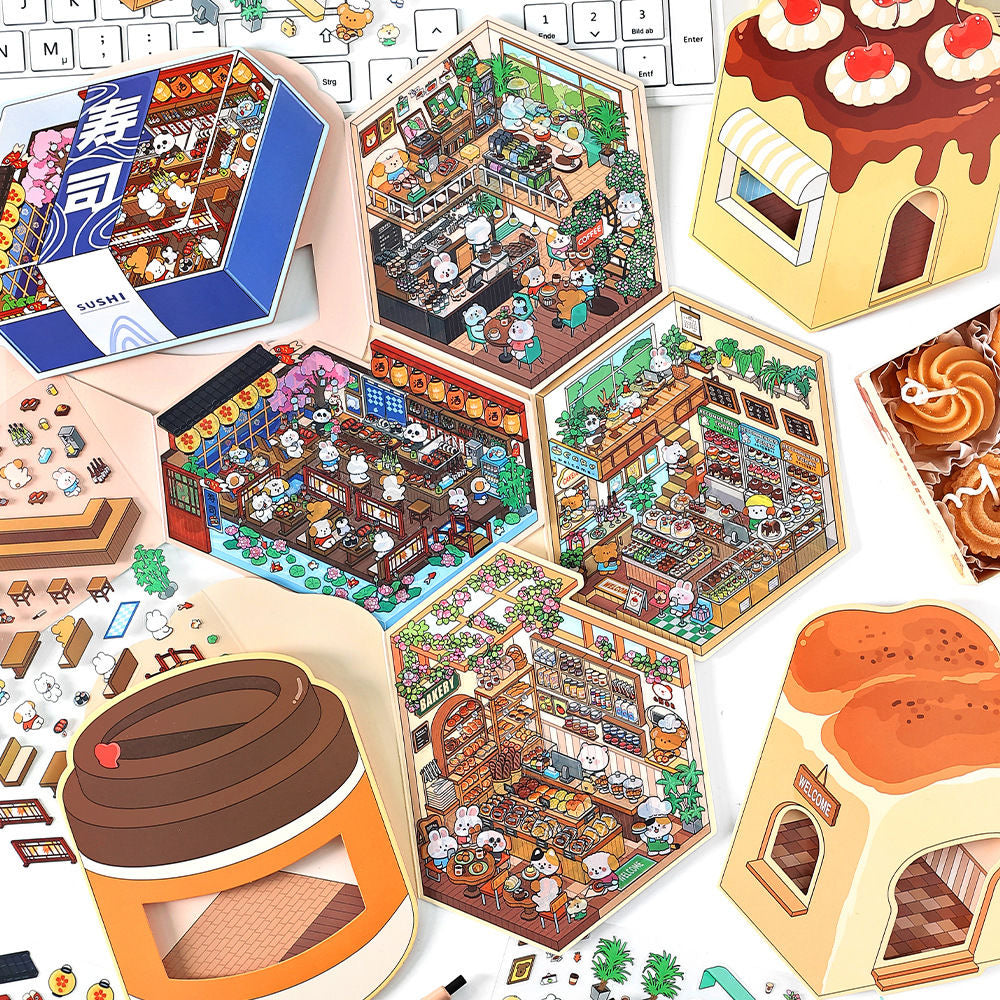 Fun 3D Sticker Scene, DIY Sushi Restaurant Coffee Shop Bread Dessert House