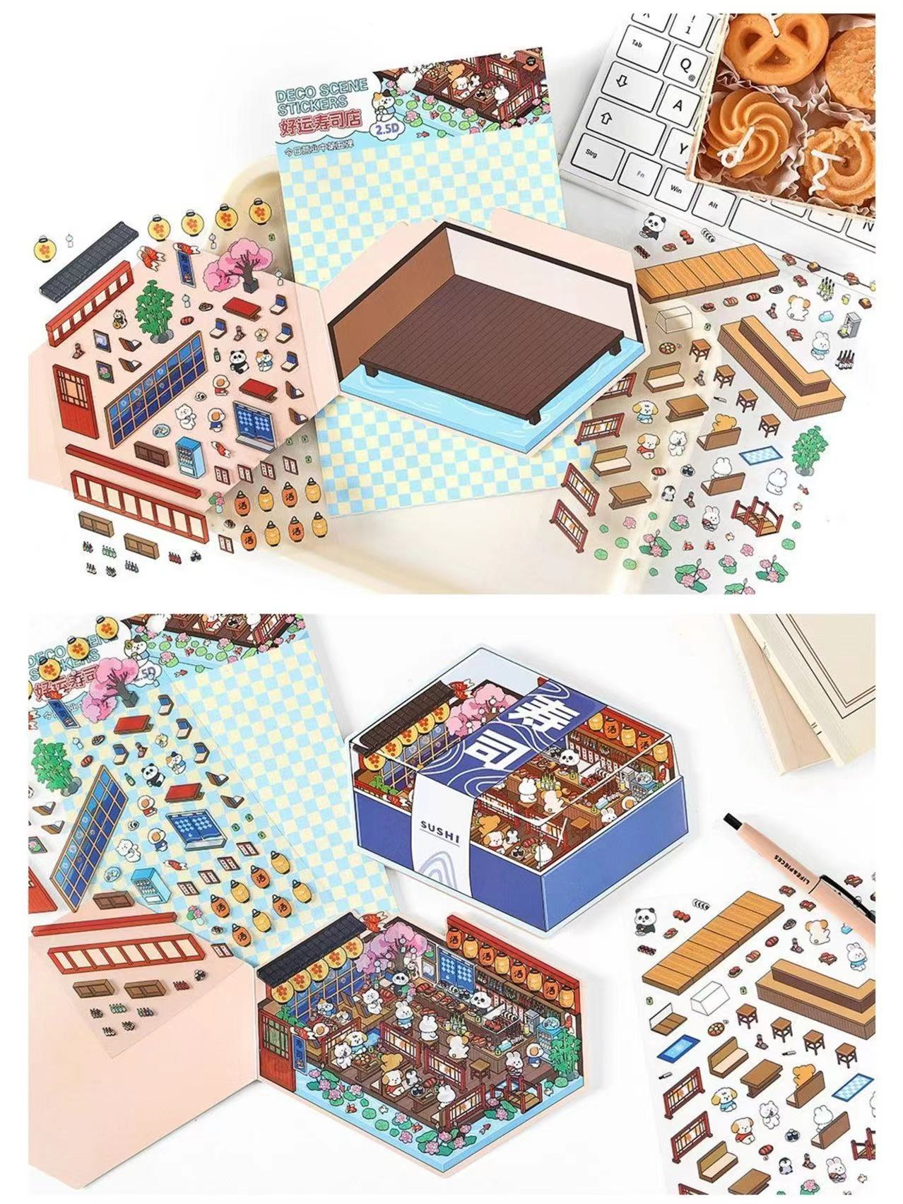 Fun 3D Sticker Scene, DIY Sushi Restaurant Coffee Shop Bread Dessert House