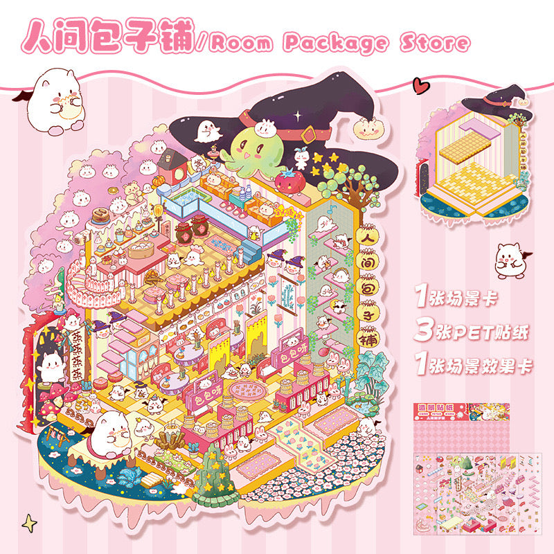 Big Size 3D Sticker Scene, DIY Seafood Restaurant|Milk Tea Shop|Doll Party|Fruit Shop