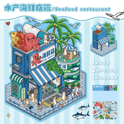 Big Size 3D Sticker Scene, DIY Seafood Restaurant|Milk Tea Shop|Doll Party|Fruit Shop